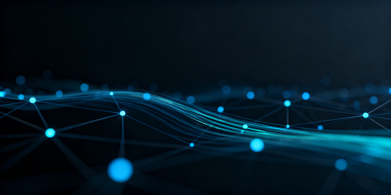 Abstract digital network with blue glowing nodes and interconnected lines on a dark background, resembling data flow or a technological web.