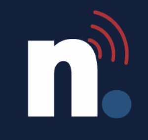A bold white lowercase n next to a blue dot, with three curved red lines above the dot resembling radio waves, all on a dark blue background.