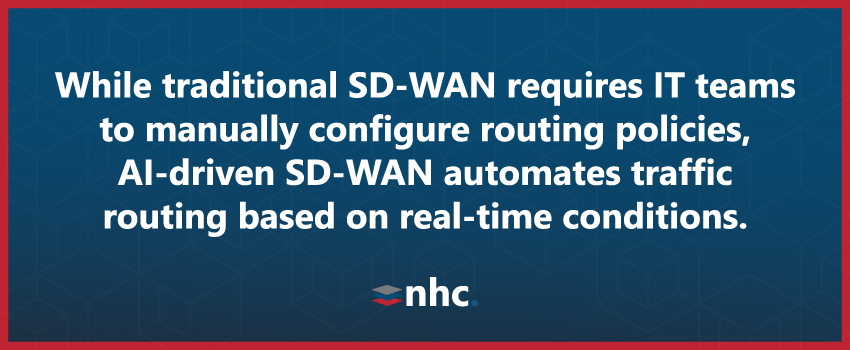 While traditional SD-WAN requires IT teams to manually configure routing policies, AI-driven SD-WAN automates traffic routing based on real-time conditions.