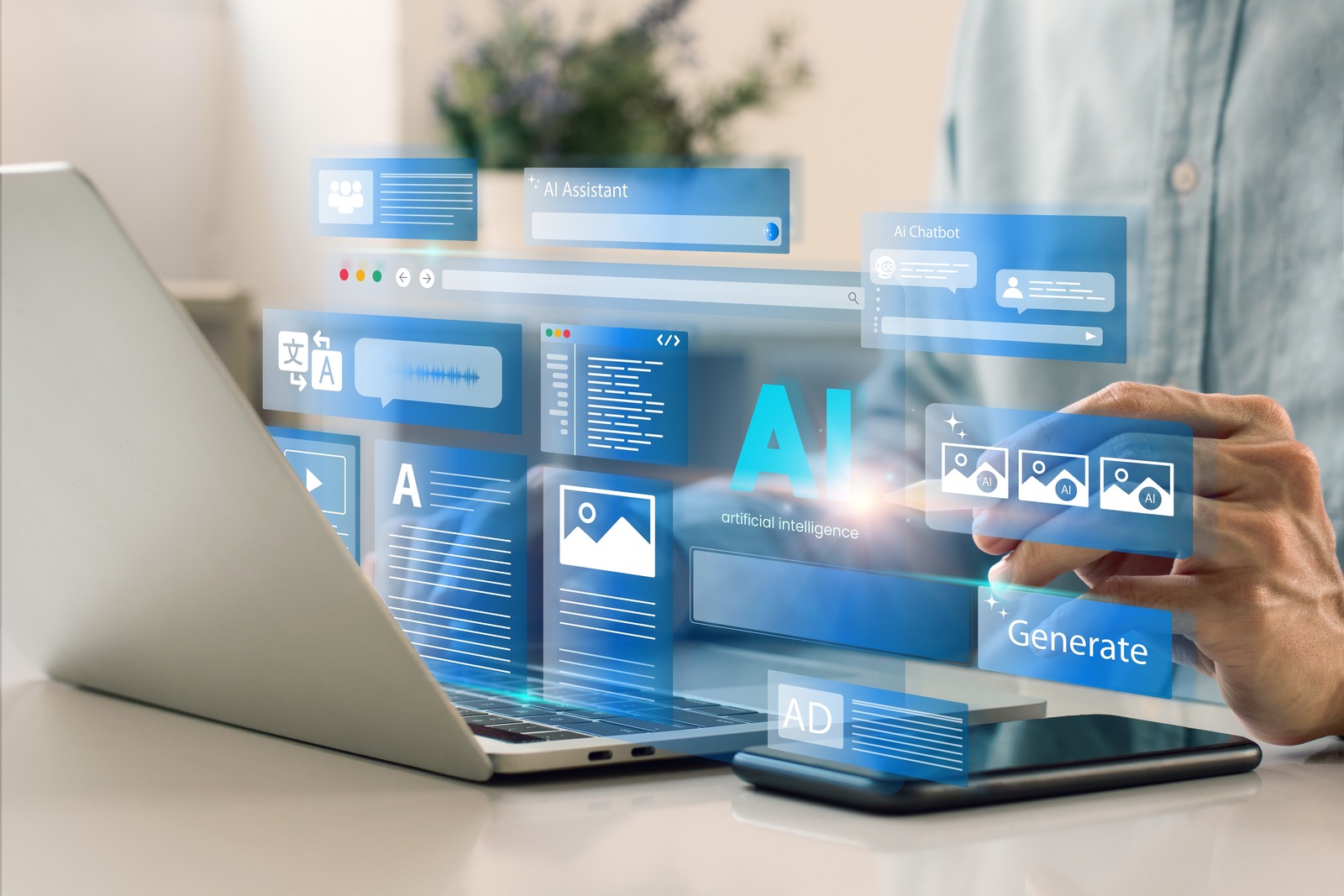 A person uses a laptop with digital holograms displaying AI-related icons, including AI Assistant, Generate, chatbots, and media—highlighting the role of AI in business communications and symbolizing artificial intelligence technology and innovation.