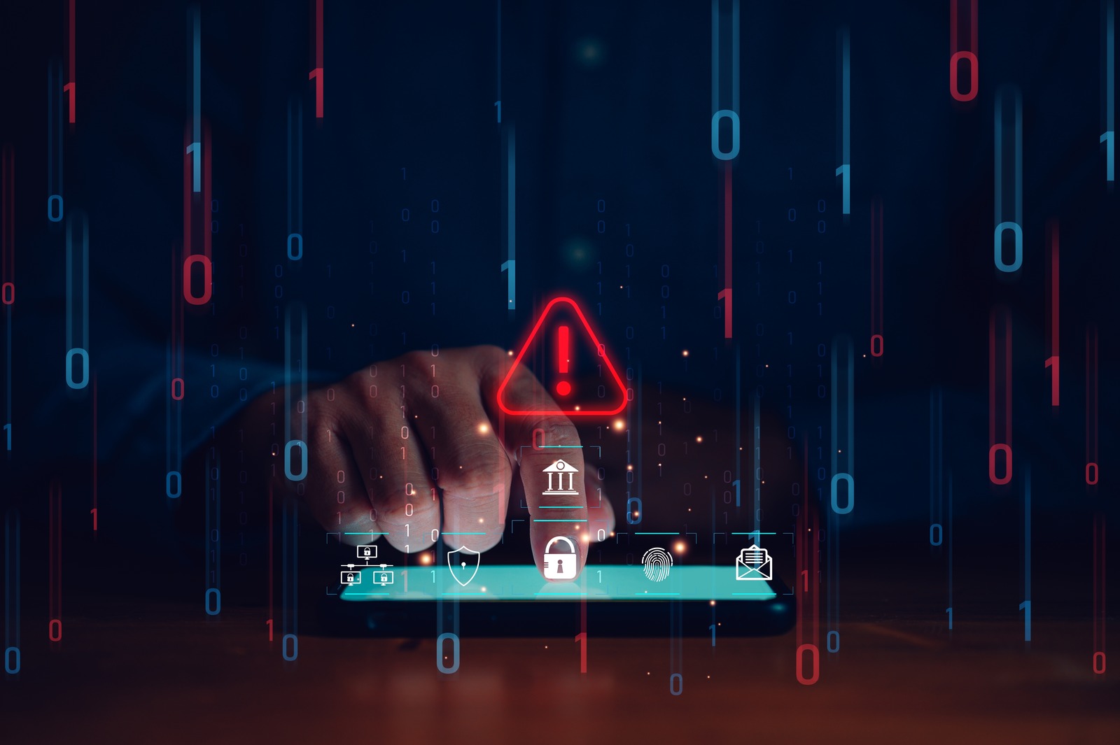 A hand touches a tablet with floating digital icons, including a warning symbol, a bank, and a padlock, overlaid with binary code, suggesting cyber security solutions for online banking alerts.