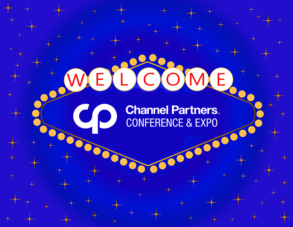 A blue sign with yellow lights reads WELCOME above Channel Partners CONFERENCE & EXPO and the cp logo, set against a blue background with small gold stars.