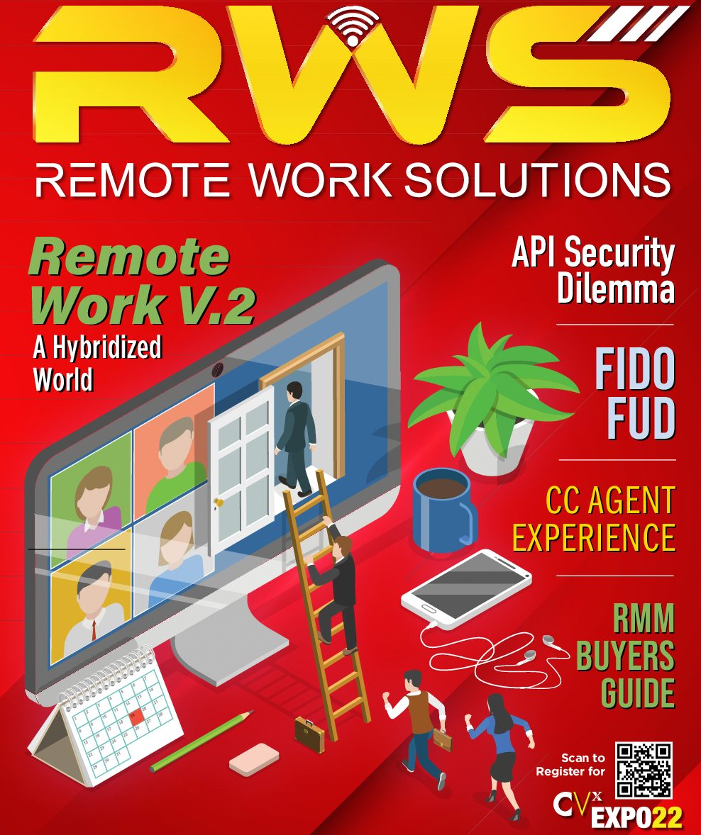 Magazine cover for Remote Work Solutions featuring an illustration of people working on a giant computer screen with video calls, charts, and office supplies. Headlines highlight remote work, API security, tech guides, and the latest NHC POTS wireless solution.