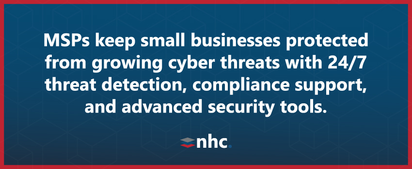 MSPs keep small businesses protected from growing cyber threats with 24/7 threat detection, compliance support, and advanced security tools.